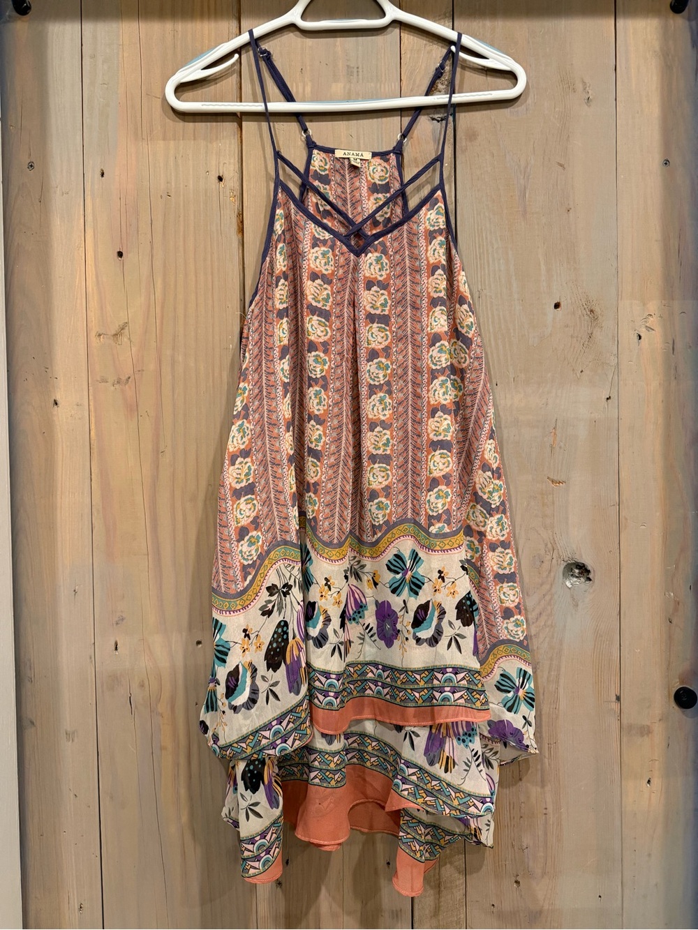 Anama Coral, Cream & Navy Floral High-Low Strappy Dress